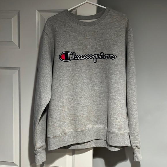 Men’s Champion Powerblend Fleece Crewneck, Script Logo Oxford Grey - Picture 1 of 3
